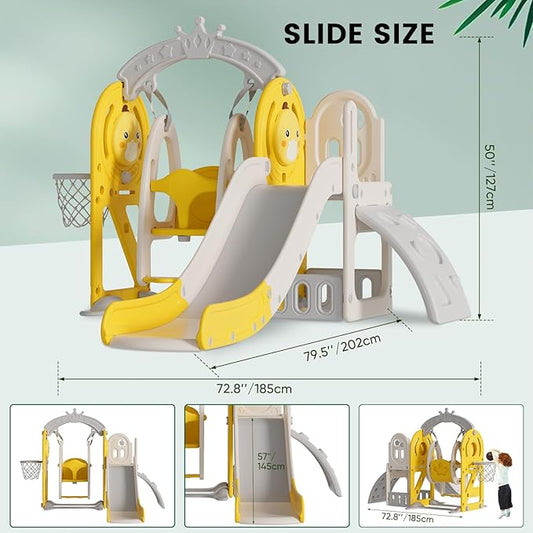 6 in 1 Kids Slide with Climber, Swing, Storage, Basketball Hoop, Indoors Outdoor Playground Slide for Toddler Age 1+